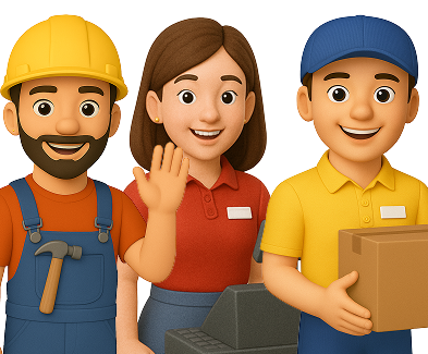 Three friendly 3D cartoon gig workers: construction builder, retail cashier, and delivery driver